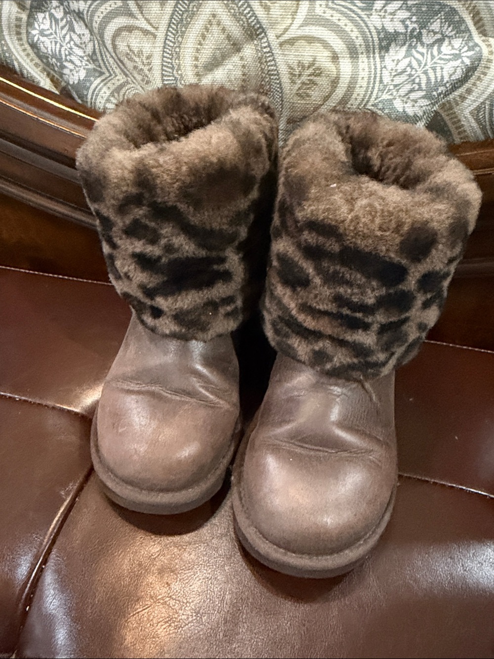 UGG Brown Shearling Cuff Leopard-Print Short Boots